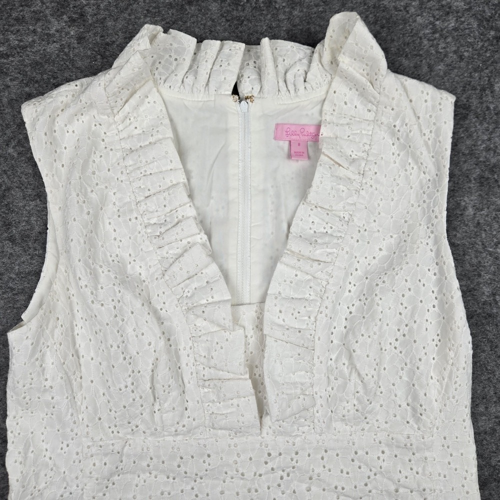 Lily Pulitzer Adeline Dress Women's Sz 8 White Eyelet Embellished Ruffled V Neck - Picture 2 of 8